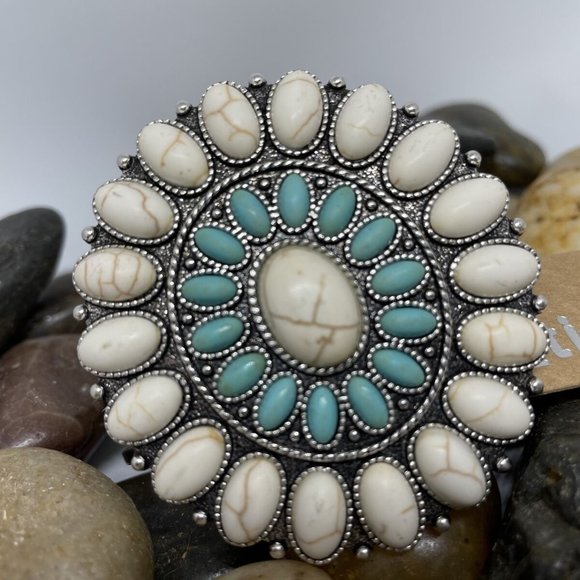 Southwest Turquoise White Buffalo large concho stone silver cuff bracelet Oval - Picture 4 of 9